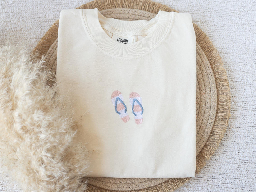 Embroidered Flip Flop T-shirt, Embroidered Summer T-shirt, Embroidered Summer Tee, Trendy Summer Tshirts for Women FLIP-C-97