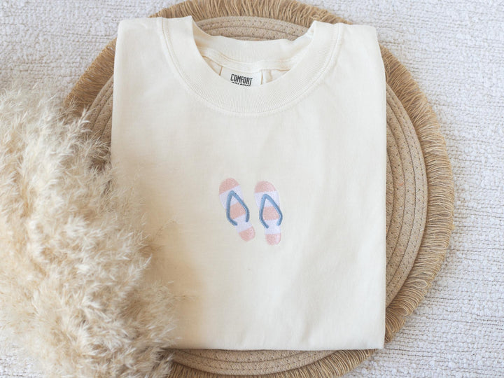 Embroidered Flip Flop T-shirt, Embroidered Summer T-shirt, Embroidered Summer Tee, Trendy Summer Tshirts for Women FLIP-C-97