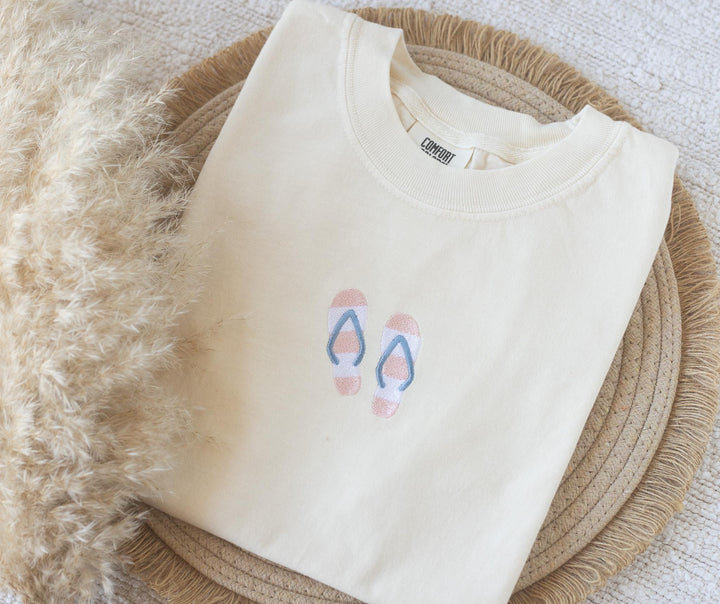 Embroidered Flip Flop T-shirt, Embroidered Summer T-shirt, Embroidered Summer Tee, Trendy Summer Tshirts for Women FLIP-C-97