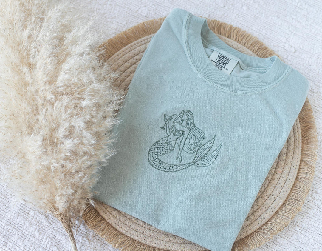 Embroidered Mermaid T-shirt, Embroidered Mermaid Tshirt, Embroidered Summer Tee, Trendy Tshirts for Women MER-C-97