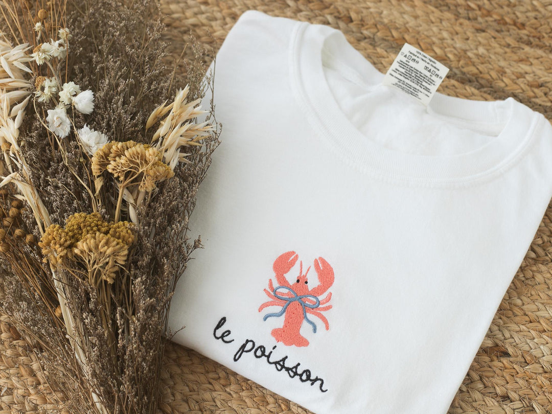 Embroidered Lobster Bow T-shirt, Embroidered Comfort Colors Tee, Embroidered French Summer Shirt, Trendy Tshirts for Women, LEPO-97-C