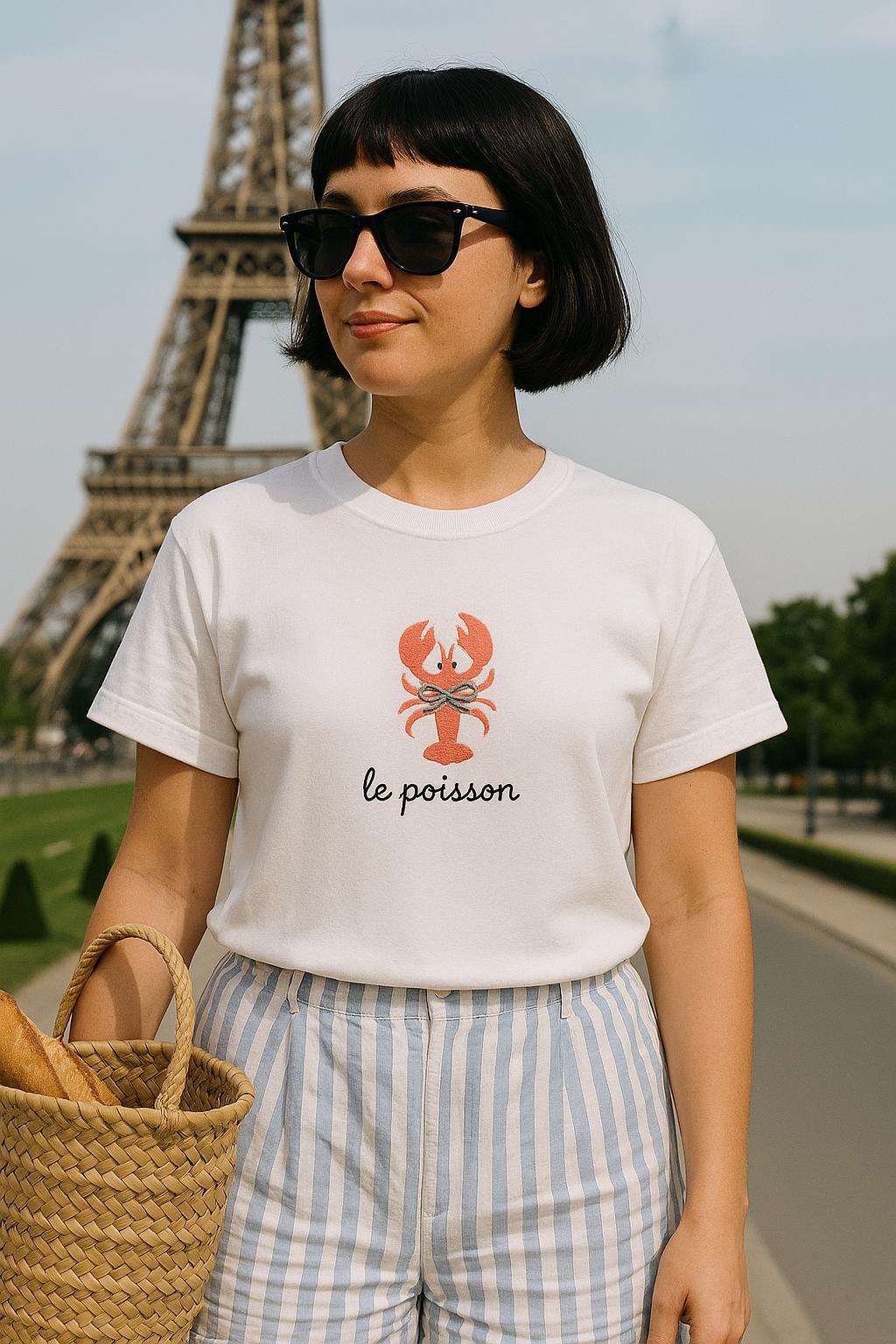 Embroidered Lobster Bow T-shirt, Embroidered Comfort Colors Tee, Embroidered French Summer Shirt, Trendy Tshirts for Women, LEPO-97-C