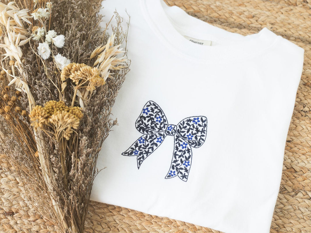 Embroidered Chinoiserie Floral Bow Comfort Colors T-shirt, Embroidered T-shirts for Women, Embroidered Coquette Bow Shirt, CHIB-97-C