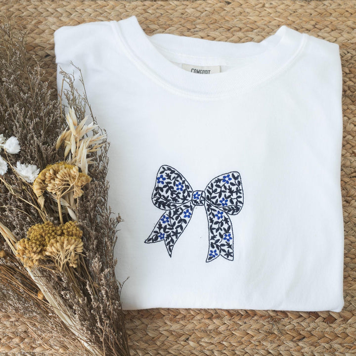 Embroidered Chinoiserie Floral Bow Comfort Colors T-shirt, Embroidered T-shirts for Women, Embroidered Coquette Bow Shirt, CHIB-97-C