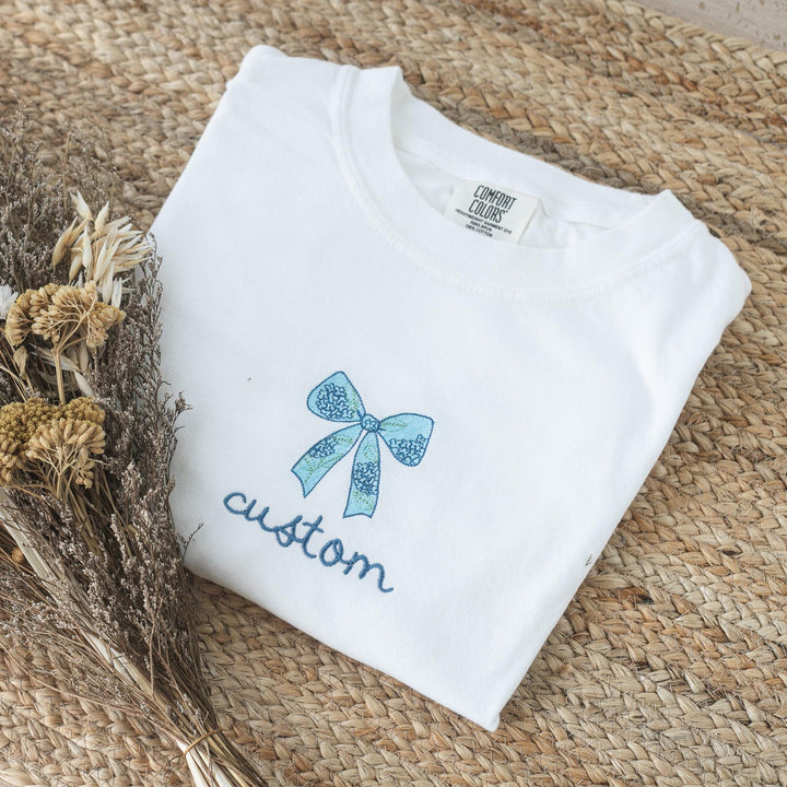 Custom Embroidered Chinoiserie Floral Bow Comfort Colors T-shirt, Embroidered T-shirts for Women, Embroidered Coquette Bow Shirt, BHYE-97-C