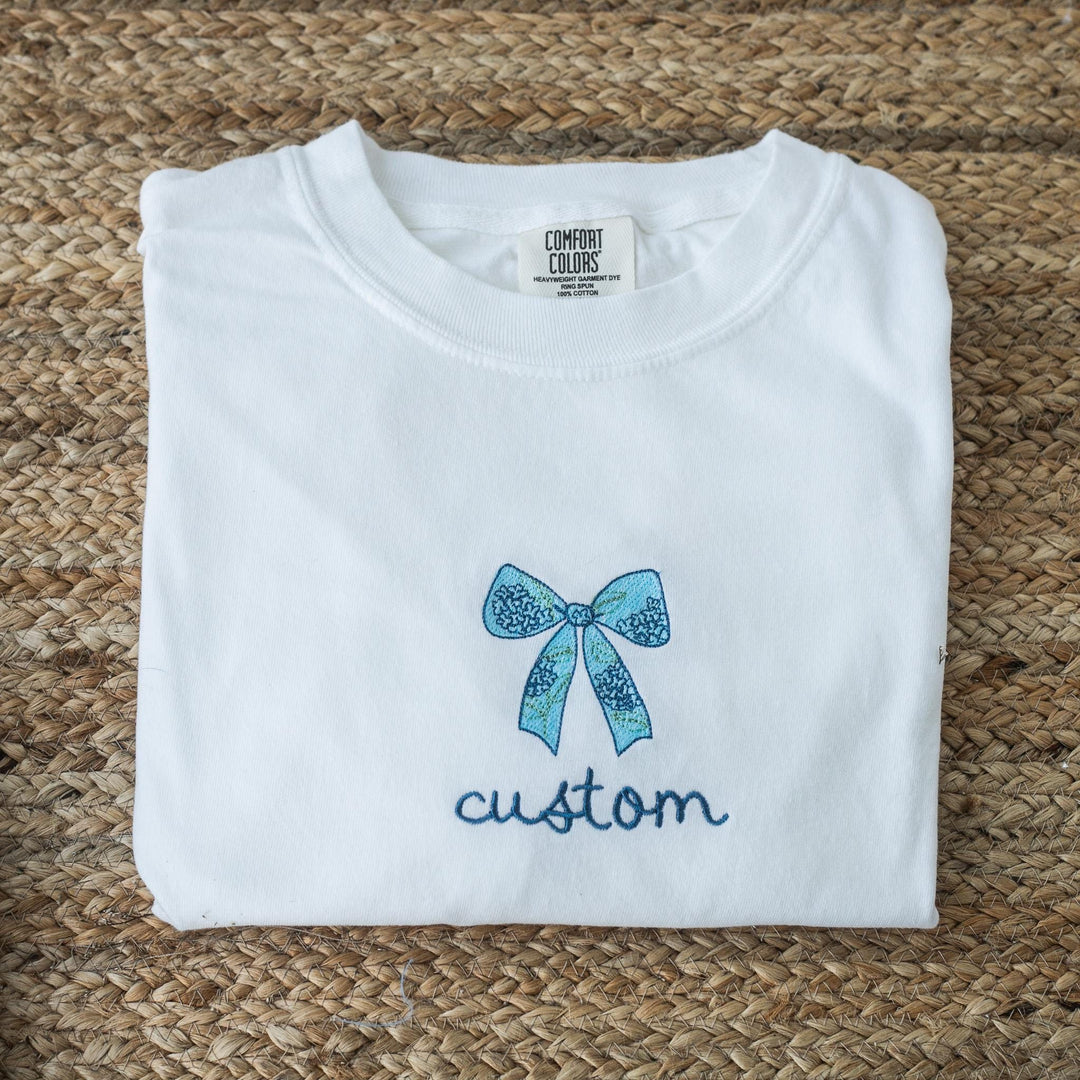 Custom Embroidered Chinoiserie Floral Bow Comfort Colors T-shirt, Embroidered T-shirts for Women, Embroidered Coquette Bow Shirt, BHYE-97-C