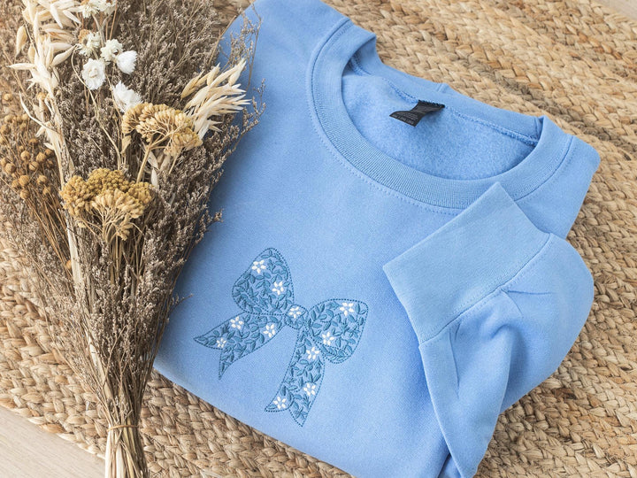 Embroidered Coquette Blue Ribbon Sweatshirt, Embroidered Crewneck Sweatshirts Women, Trendy Crewneck, Bachelorette Party Gift, ZTN-97-C