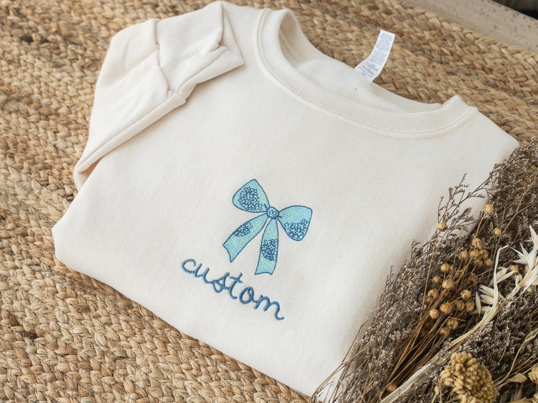 Custom Embroidered Coquette Blue Ribbon Sweatshirt, Crewneck Sweatshirt Women, Trendy Crewneck, Bachelorette Party Gift, BHYE-97-C