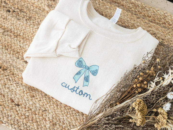 Custom Embroidered Coquette Blue Ribbon Sweatshirt, Crewneck Sweatshirt Women, Trendy Crewneck, Bachelorette Party Gift, BHYE-97-C
