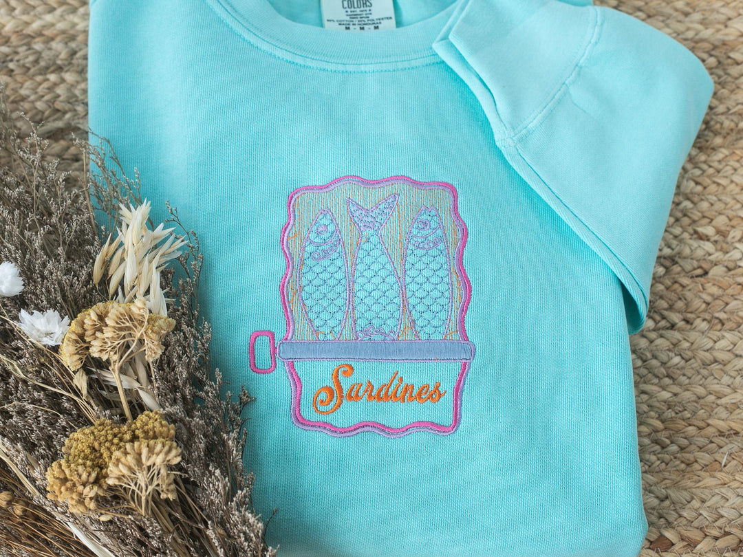 Embroidered Sardines Sweatshirt Comfort Colors® Fleece Crewneck, French Summer Sweatshirt, Garment-Dyed Vintage Sweatshirt, SAR-120-C