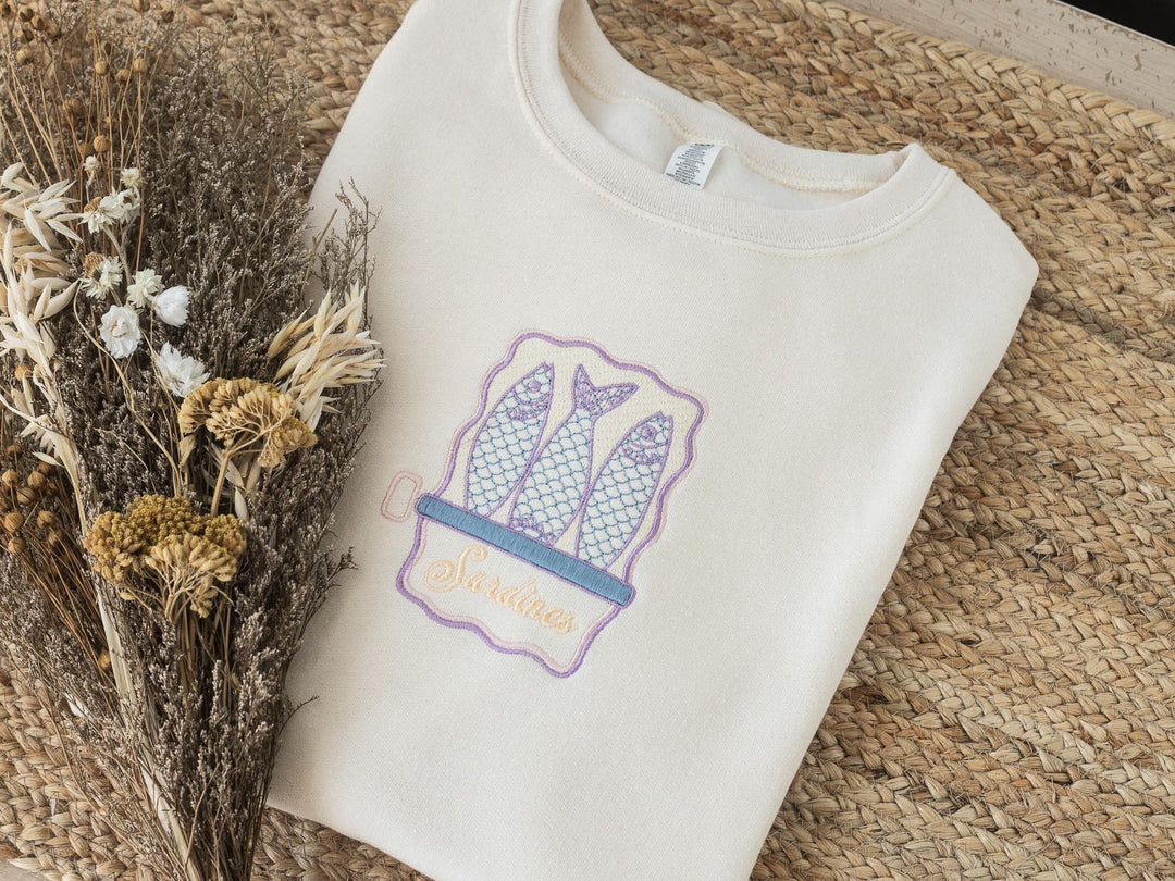 Embroidered Sardines Sweatshirt, Embroidered Crewneck Sweatshirts Women, Trendy Summer Crewneck, French Summer Trendy Sweatshirt, SSAR-120-C