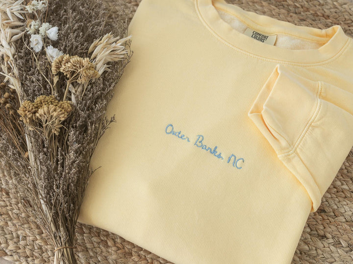 Embroidered Outer Banks Sweatshirt Comfort Colors® Fleece Crewneck, Summer Sweatshirt, Garment-Dyed Vintage Sweatshirt, OUT-120-C