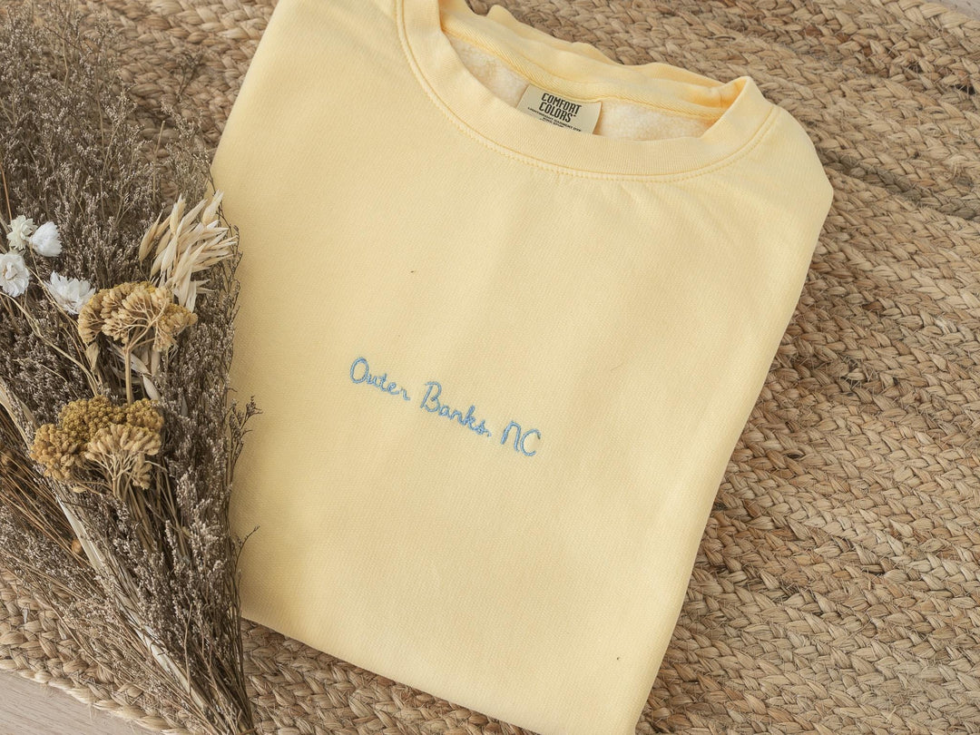Embroidered Outer Banks Sweatshirt Comfort Colors® Fleece Crewneck, Summer Sweatshirt, Garment-Dyed Vintage Sweatshirt, OUT-120-C