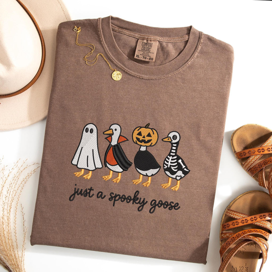 Embroidered Spooky Goose Comfort Colors T-shirt, Halloween T-shirt, Trendy Fall T-shirt, Halloween Tee Cute Fall Goose Halloween JUP-196-C