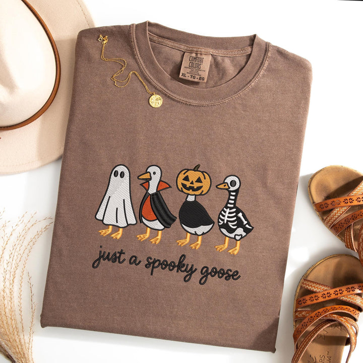 Embroidered Spooky Goose Comfort Colors T-shirt, Halloween T-shirt, Trendy Fall T-shirt, Halloween Tee Cute Fall Goose Halloween JUP-196-C