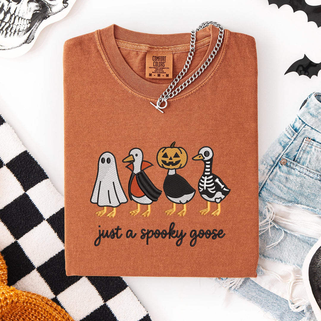 Embroidered Spooky Goose Comfort Colors T-shirt, Halloween T-shirt, Trendy Fall T-shirt, Halloween Tee Cute Fall Goose Halloween JUP-196-C