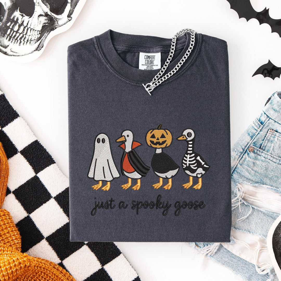 Embroidered Spooky Goose Comfort Colors T-shirt, Halloween T-shirt, Trendy Fall T-shirt, Halloween Tee Cute Fall Goose Halloween JUP-196-C