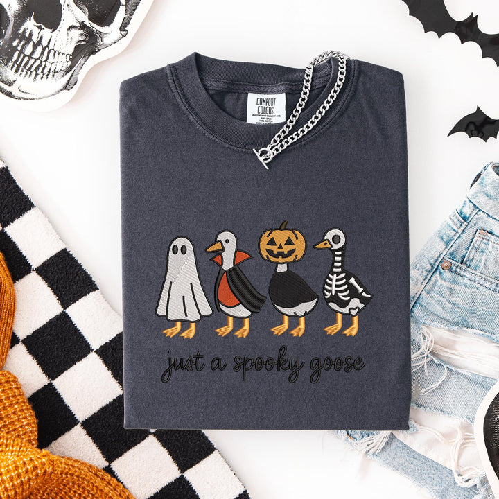 Embroidered Spooky Goose Comfort Colors T-shirt, Halloween T-shirt, Trendy Fall T-shirt, Halloween Tee Cute Fall Goose Halloween JUP-196-C