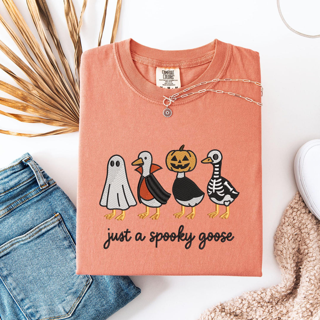 Embroidered Spooky Goose Comfort Colors T-shirt, Halloween T-shirt, Trendy Fall T-shirt, Halloween Tee Cute Fall Goose Halloween JUP-196-C