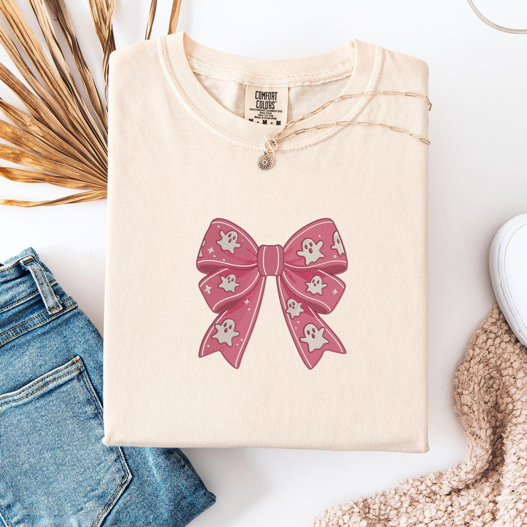 Embroidered Coquette Ribbon Ghost Comfort Colors T-shirt, Halloween T-shirt, Trendy Fall T-shirt, Cute Ghost Halloween T-shirt, BOGO-196-C