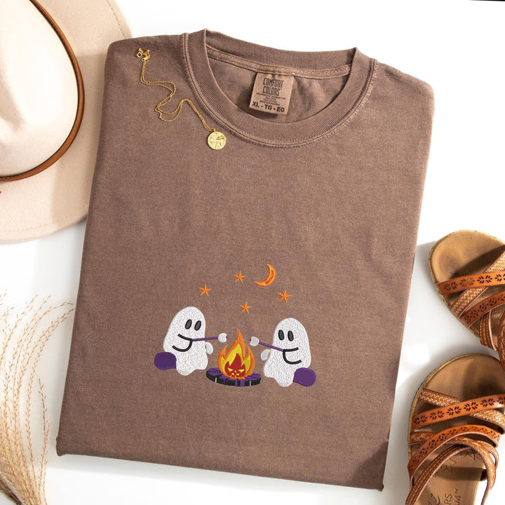 Embroidered Camping Ghosts Comfort Colors T-shirt, Halloween T-shirt, Trendy Fall T-shirt, Halloween Tee Cute Fall Halloween CAGO-120-C