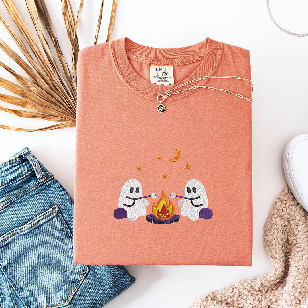 Embroidered Camping Ghosts Comfort Colors T-shirt, Halloween T-shirt, Trendy Fall T-shirt, Halloween Tee Cute Fall Halloween CAGO-120-C