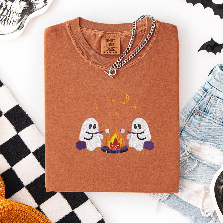Embroidered Camping Ghosts Comfort Colors T-shirt, Halloween T-shirt, Trendy Fall T-shirt, Halloween Tee Cute Fall Halloween CAGO-120-C