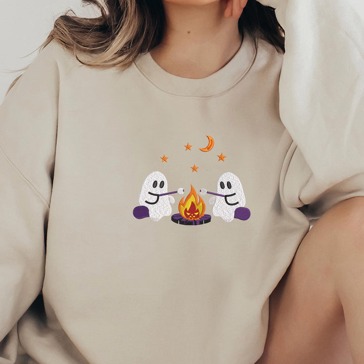 Embroidered Camping Ghost Sweatshirt, Embroidered Ghost Sweatshirt, Halloween Sweatshirt, Funny Fall Sweatshirt CAGO-120-C