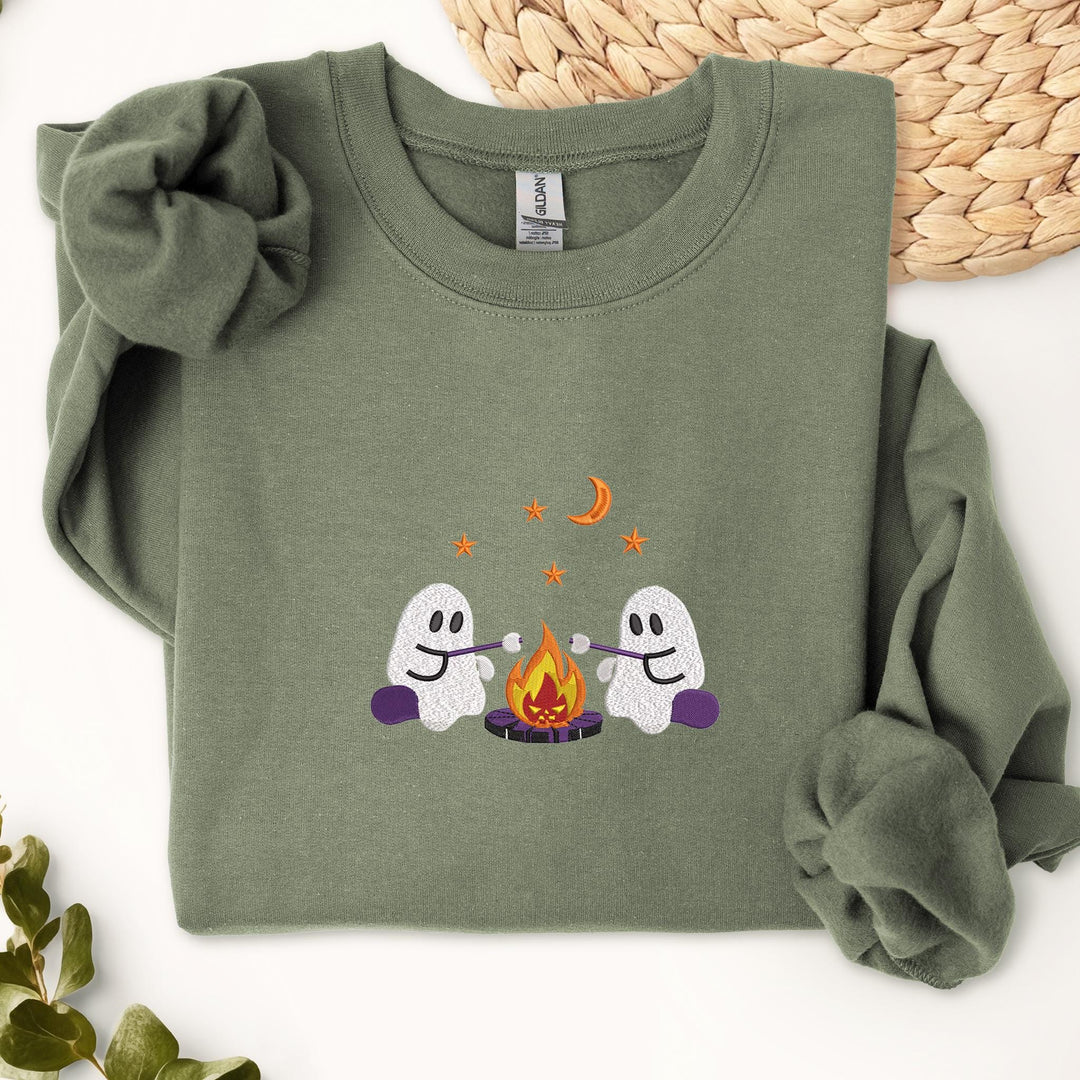 Embroidered Camping Ghost Sweatshirt, Embroidered Ghost Sweatshirt, Halloween Sweatshirt, Funny Fall Sweatshirt CAGO-120-C