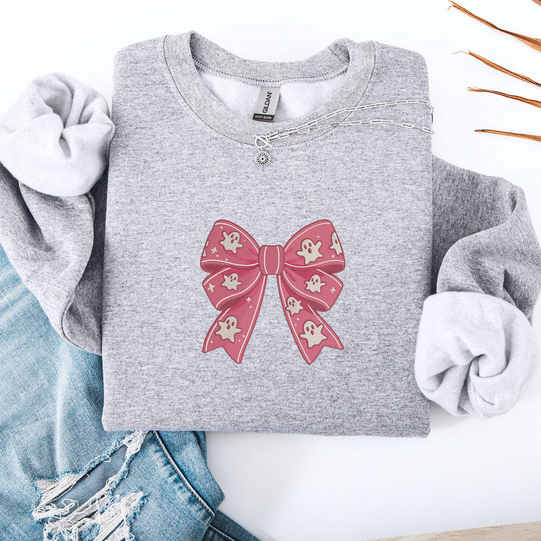 Embroidered Coquette Ghost Ribbon Sweatshirt, Embroidered Ghost Sweatshirt, Halloween Sweatshirt, Funny Fall Sweatshirt, BOGO-196-C
