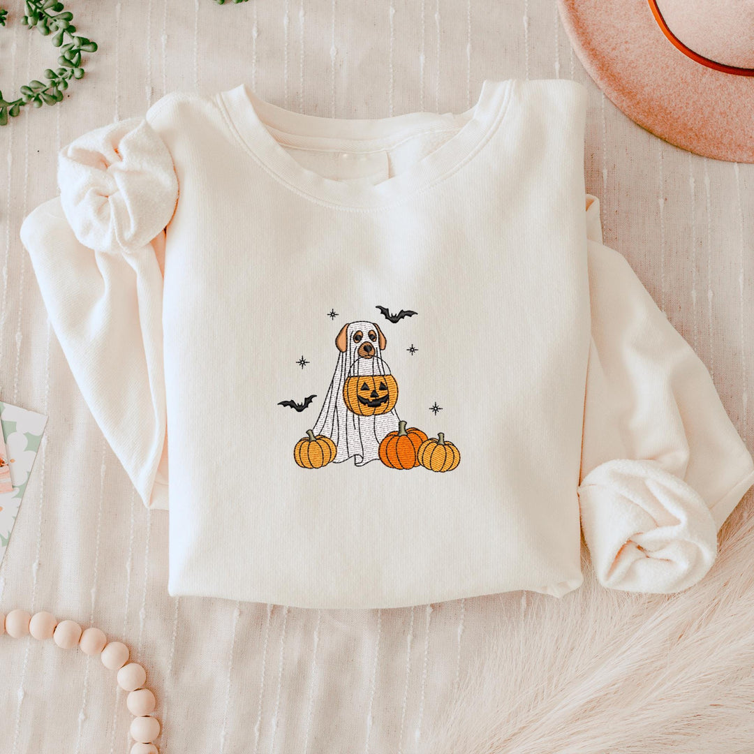 Embroidered Spooky Dog Sweatshirt, Embroidered Trick or Treat Dog Sweatshirt, Halloween Sweatshirt, Funny Fall Sweatshirt DOGH-97-C