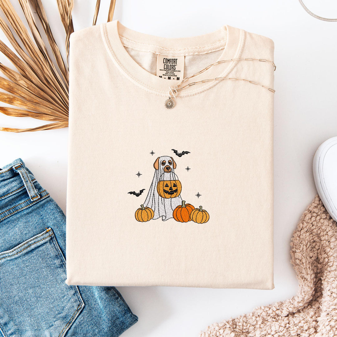 Embroidered Spooky Dog Comfort Colors T-shirt, Halloween T-shirt, Trendy Fall T-shirt, Halloween Tee Cute Fall Dog Halloween JUP-196-C