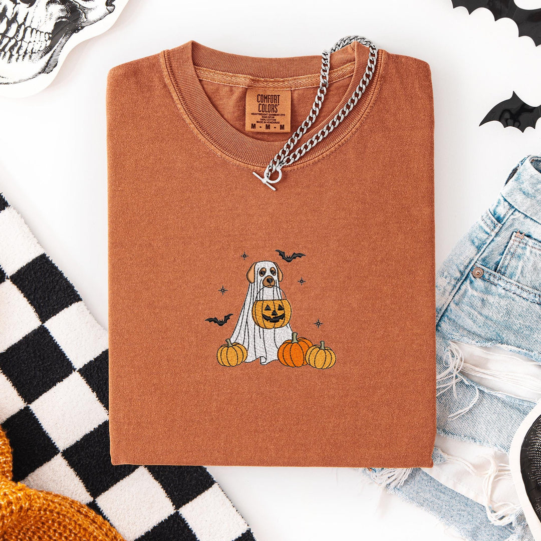 Embroidered Spooky Dog Comfort Colors T-shirt, Halloween T-shirt, Trendy Fall T-shirt, Halloween Tee Cute Fall Dog Halloween JUP-196-C