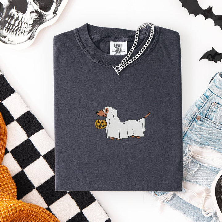Embroidered Dachshund Ghost Comfort Colors T-shirt, Halloween T-shirt, Trendy Fall T-shirt, Halloween Tee Cute Fall Dog Halloween DAC-97-C