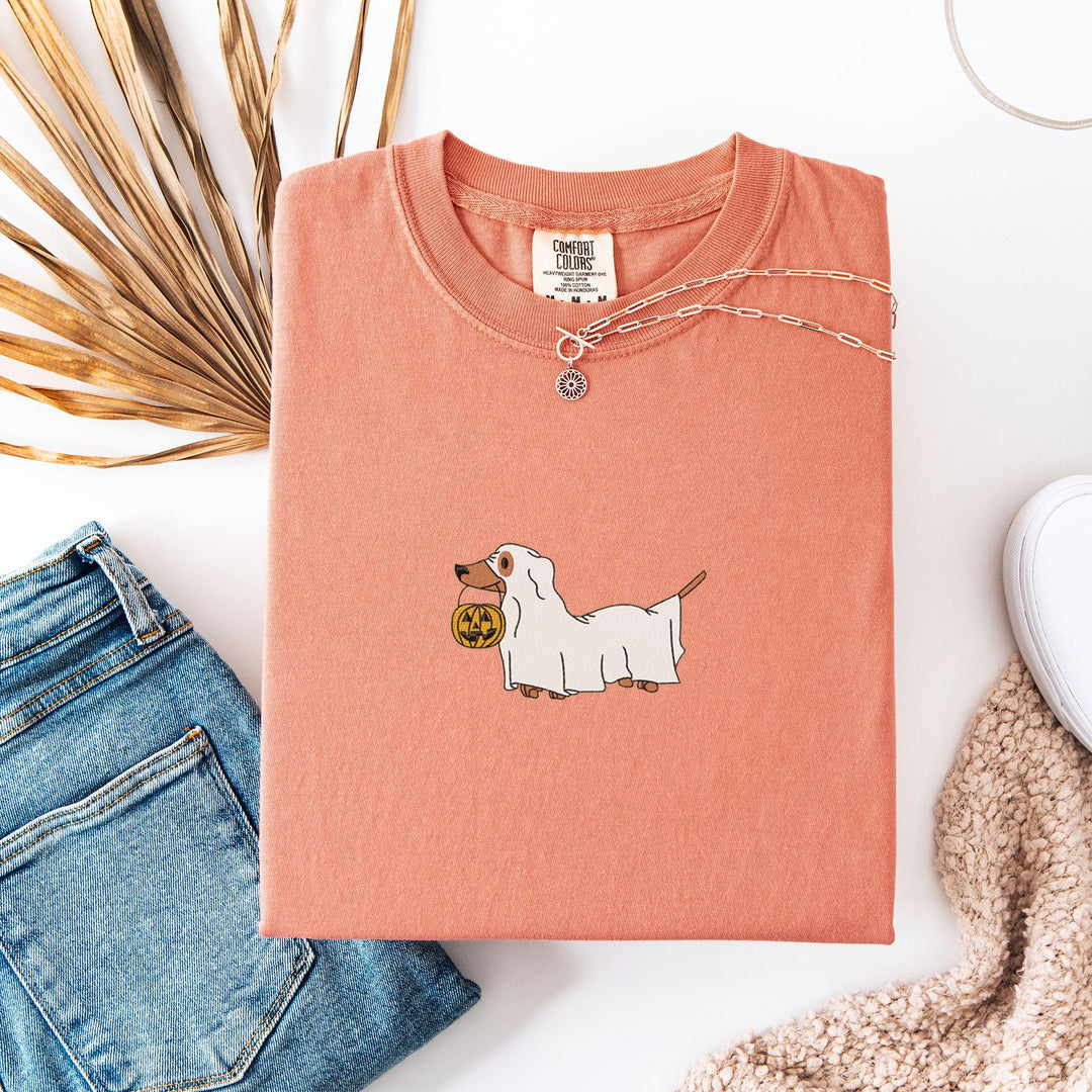 Embroidered Dachshund Ghost Comfort Colors T-shirt, Halloween T-shirt, Trendy Fall T-shirt, Halloween Tee Cute Fall Dog Halloween DAC-97-C