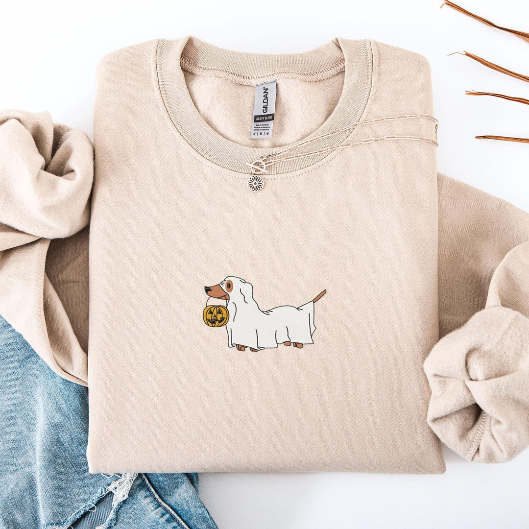 Embroidered Dachshund Dog Sweatshirt, Embroidered Trick or Treat Dog Sweatshirt, Halloween Sweatshirt, Funny Fall Sweatshirt DAC-97-C