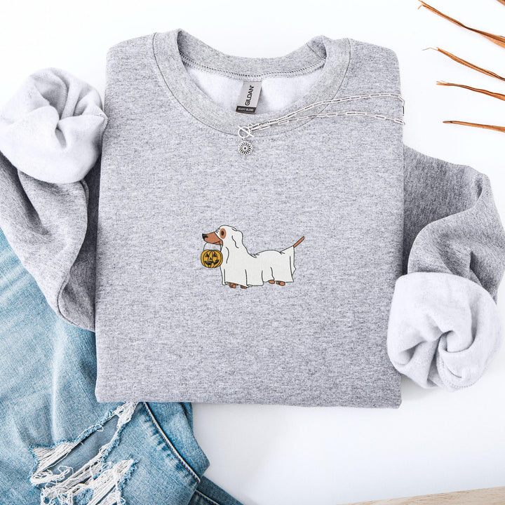 Embroidered Dachshund Dog Sweatshirt, Embroidered Trick or Treat Dog Sweatshirt, Halloween Sweatshirt, Funny Fall Sweatshirt DAC-97-C