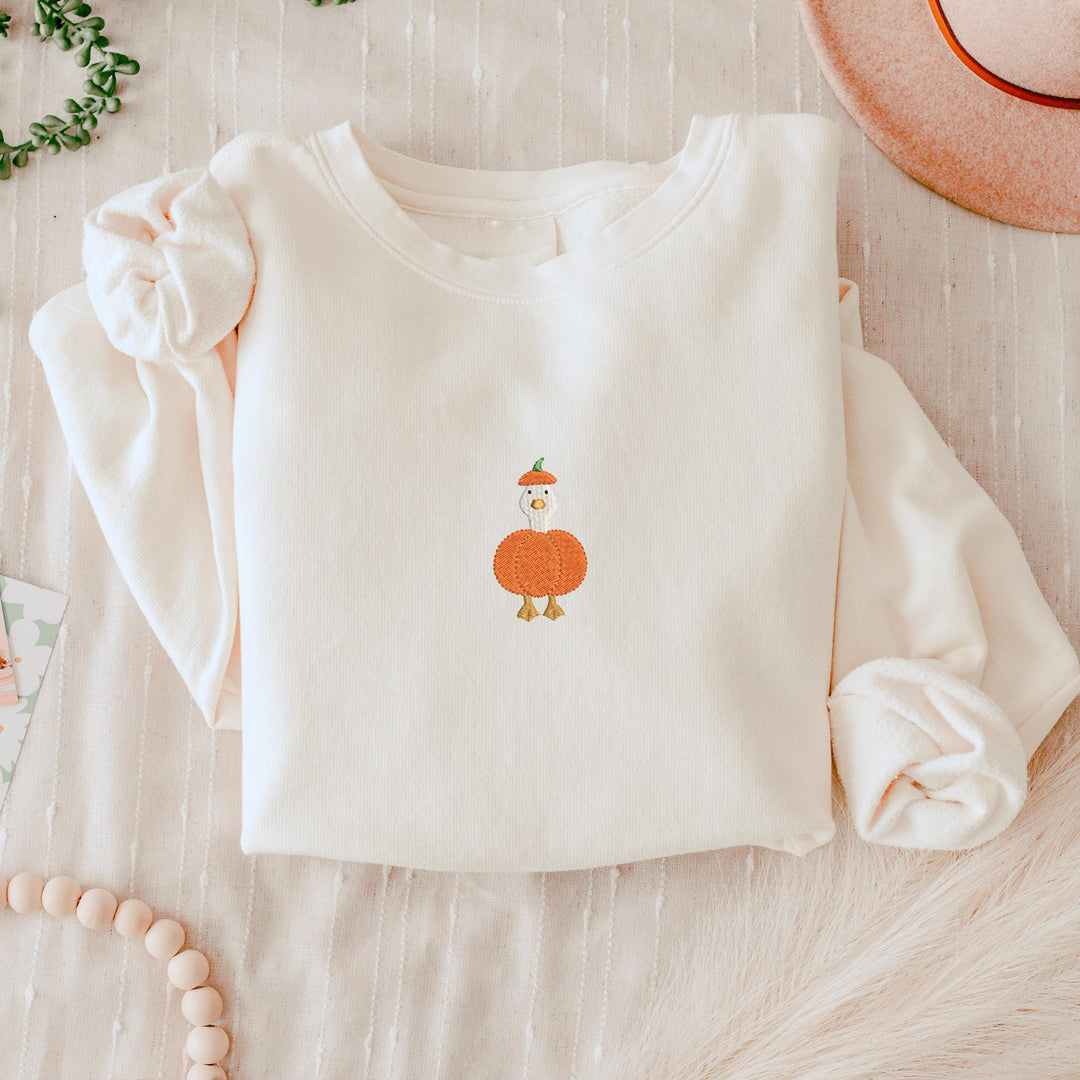 Embroidered Goose in Pumpkin Sweatshirt, Embroidered Goose Sweatshirt, Halloween Sweatshirt, Funny Fall Sweatshirt PUGO-97-C