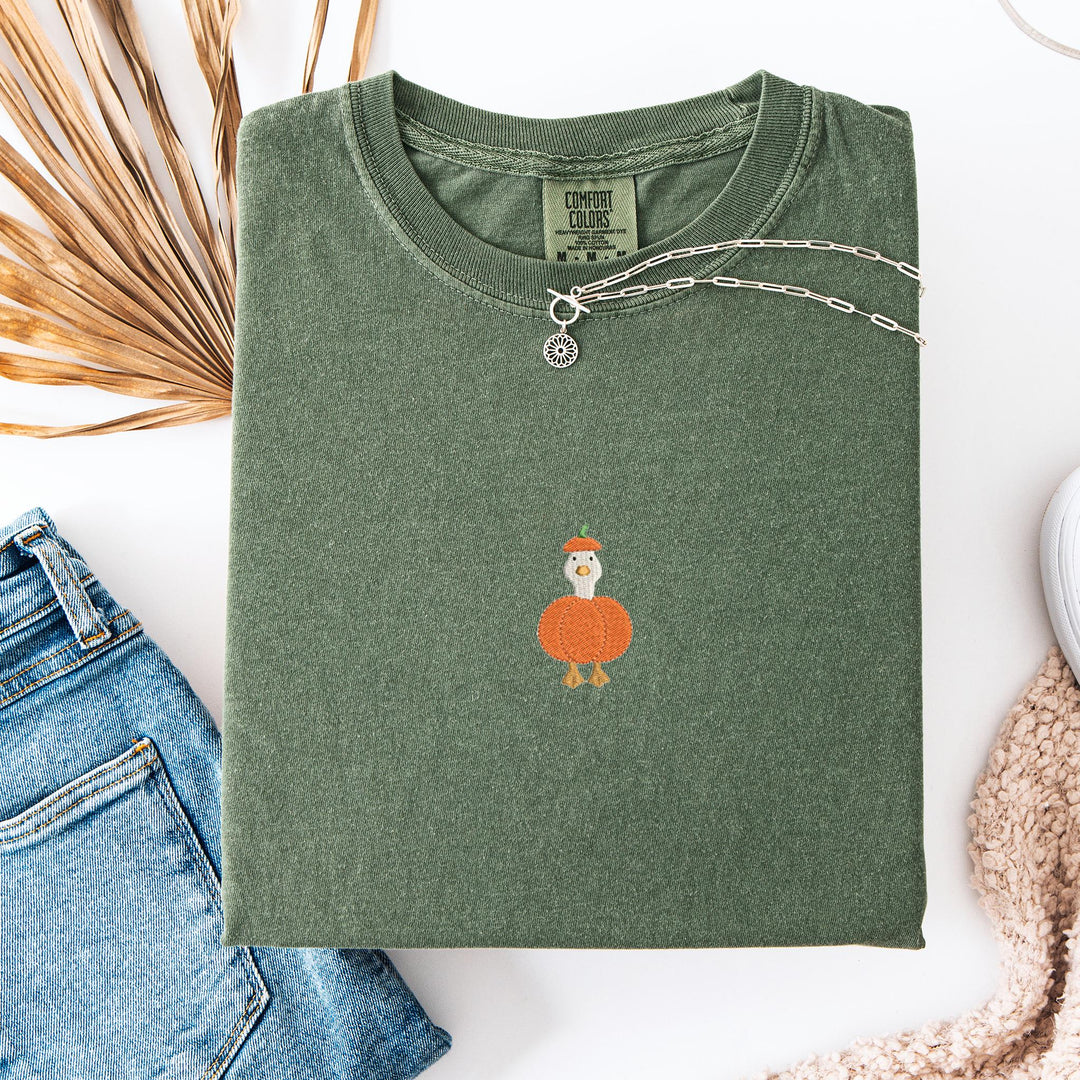 Embroidered Spooky Goose Comfort Colors T-shirt, Halloween T-shirt, Trendy Fall T-shirt, Halloween Tee Cute Fall Goose Halloween PUGO-97-C