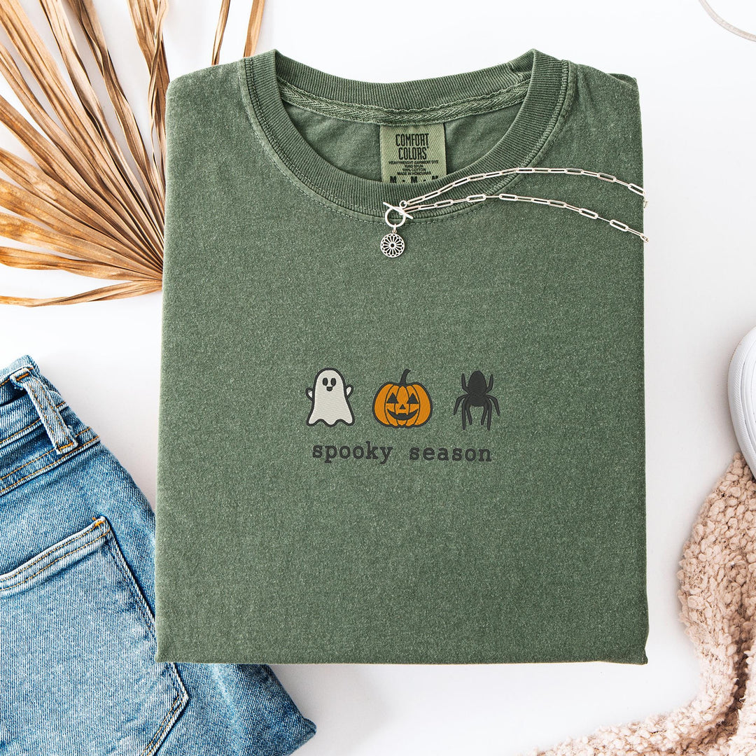 Embroidered Spooky Season Comfort Colors T-shirt, Halloween T-shirt, Trendy Fall T-shirt, Halloween Tee Cute Fall Goose Halloween SOZ-97-C