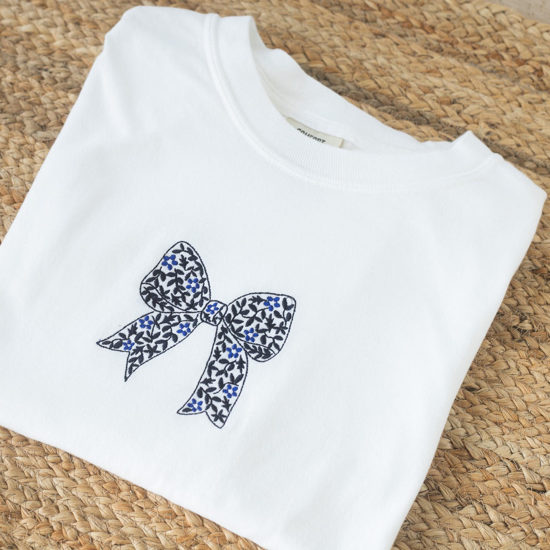 Embroidered Chinoiserie Floral Bow Comfort Colors T-shirt, Embroidered T-shirts for Women, Embroidered Coquette Bow Shirt, CHIB-97-C