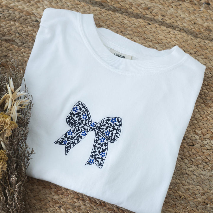 Embroidered Chinoiserie Floral Bow Comfort Colors T-shirt, Embroidered T-shirts for Women, Embroidered Coquette Bow Shirt, CHIB-97-C