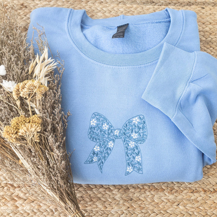 Embroidered Coquette Blue Ribbon Sweatshirt, Embroidered Crewneck Sweatshirts Women, Trendy Crewneck, Bachelorette Party Gift, ZTN-97-C