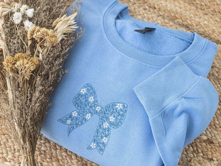 Embroidered Coquette Blue Ribbon Sweatshirt, Embroidered Crewneck Sweatshirts Women, Trendy Crewneck, Bachelorette Party Gift, ZTN-97-C