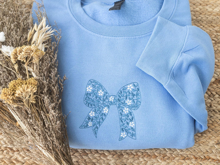 Embroidered Coquette Blue Ribbon Sweatshirt, Embroidered Crewneck Sweatshirts Women, Trendy Crewneck, Bachelorette Party Gift, ZTN-97-C