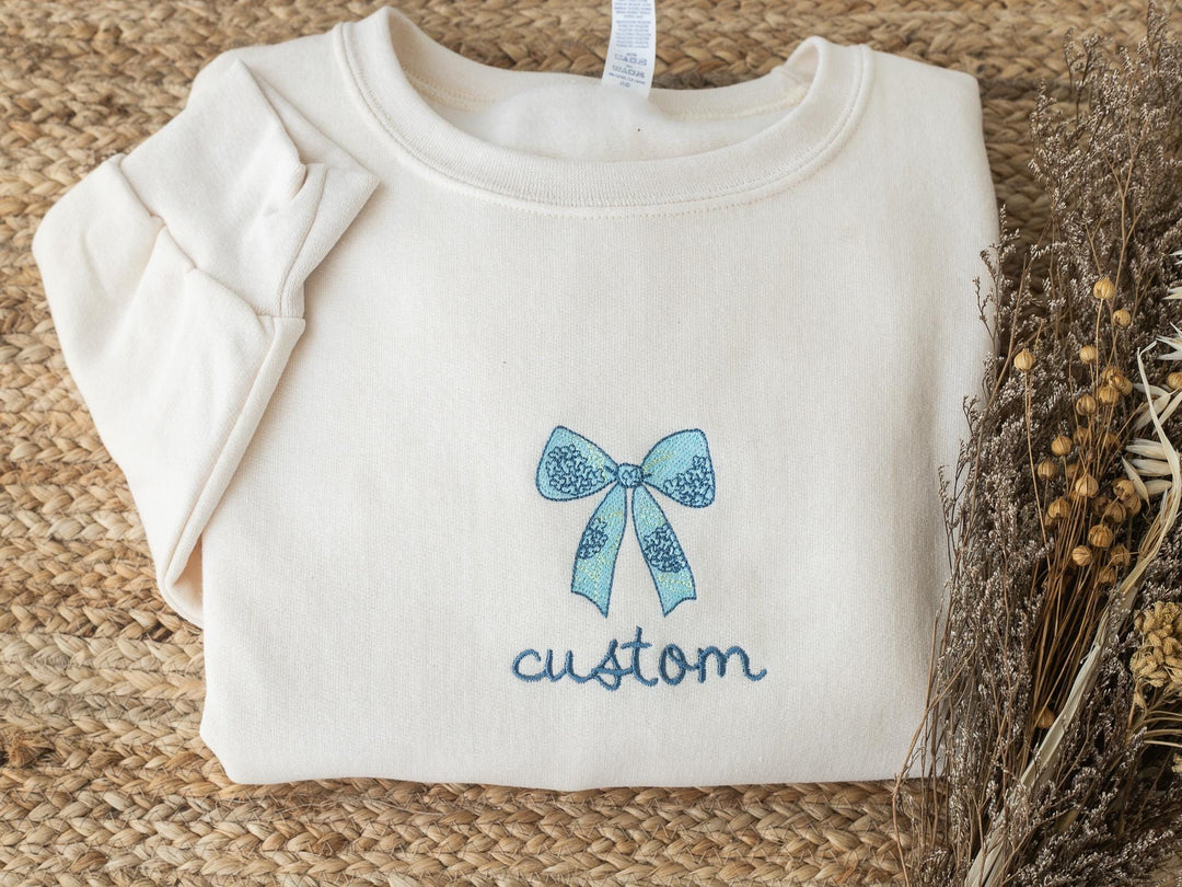 Custom Embroidered Coquette Blue Ribbon Sweatshirt, Crewneck Sweatshirt Women, Trendy Crewneck, Bachelorette Party Gift, BHYE-97-C