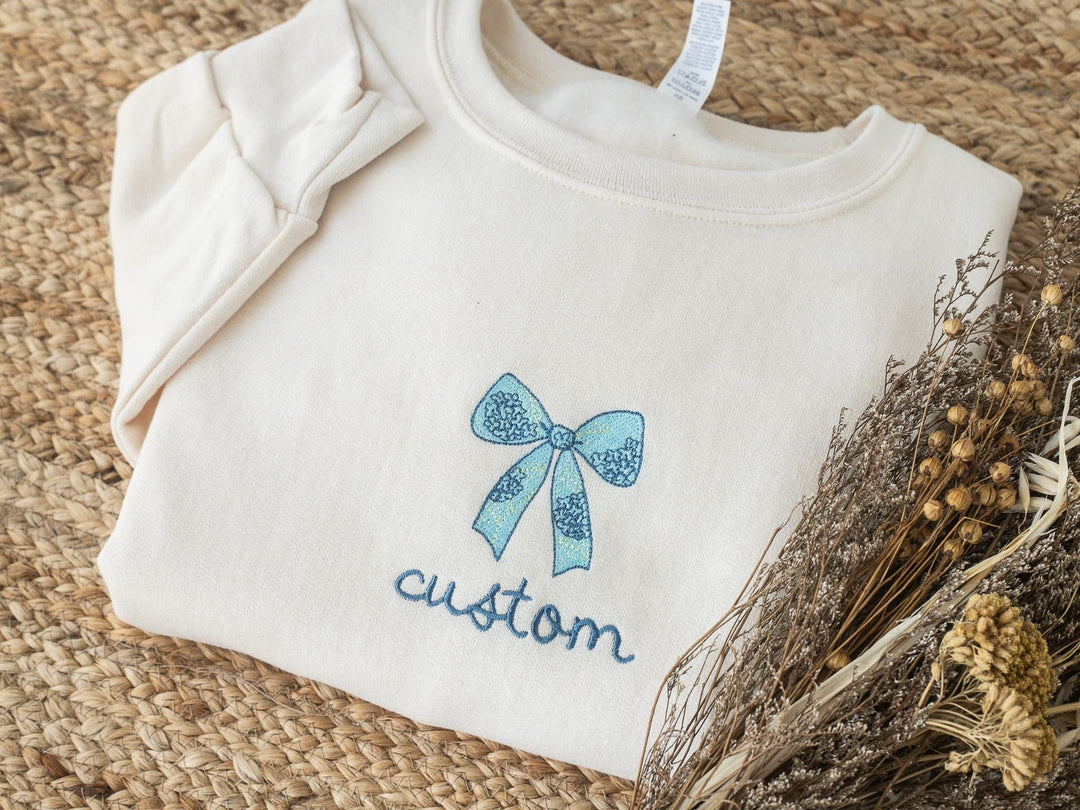 Custom Embroidered Coquette Blue Ribbon Sweatshirt, Crewneck Sweatshirt Women, Trendy Crewneck, Bachelorette Party Gift, BHYE-97-C