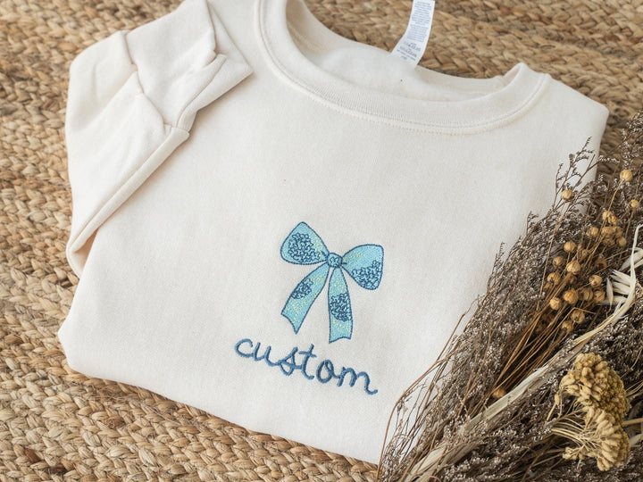 Custom Embroidered Coquette Blue Ribbon Sweatshirt, Crewneck Sweatshirt Women, Trendy Crewneck, Bachelorette Party Gift, BHYE-97-C