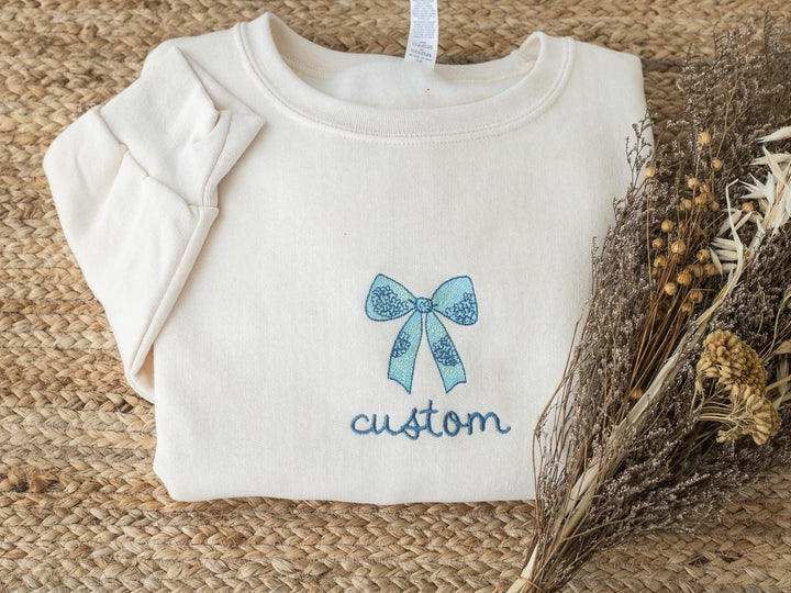 Custom Embroidered Coquette Blue Ribbon Sweatshirt, Crewneck Sweatshirt Women, Trendy Crewneck, Bachelorette Party Gift, BHYE-97-C