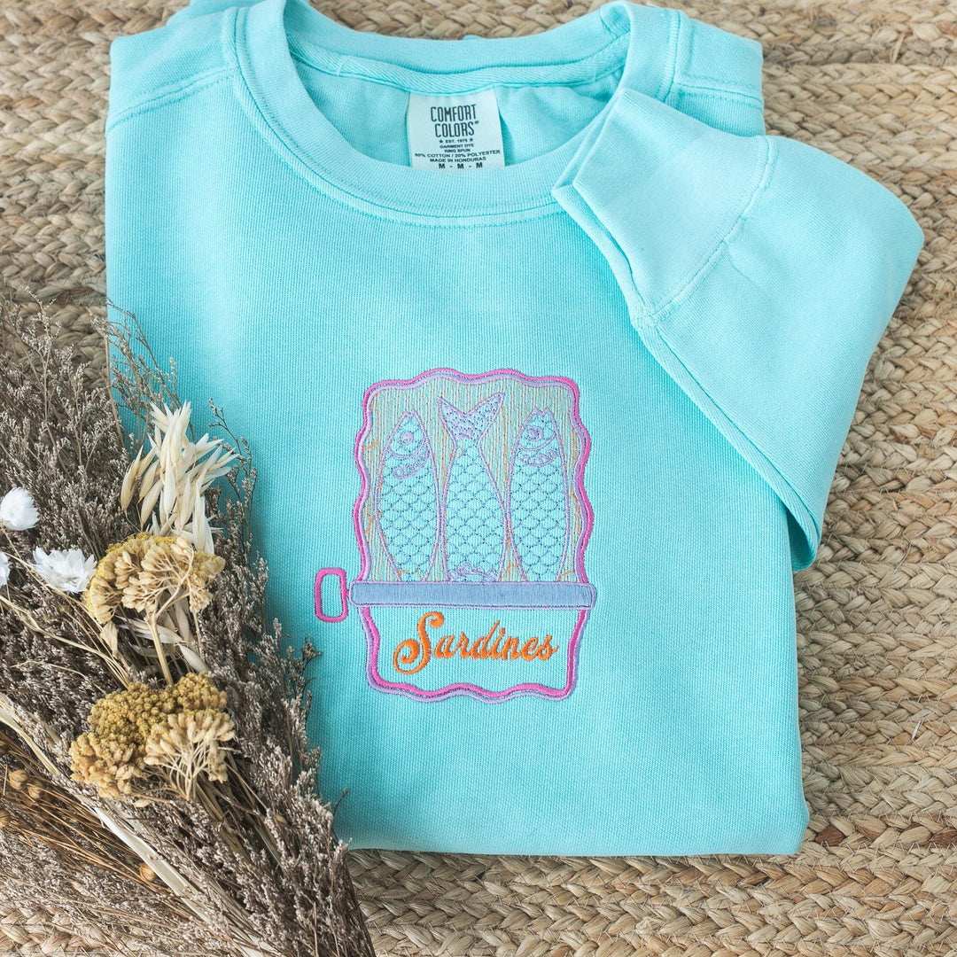 Embroidered Sardines Sweatshirt Comfort Colors® Fleece Crewneck, French Summer Sweatshirt, Garment-Dyed Vintage Sweatshirt, SAR-120-C
